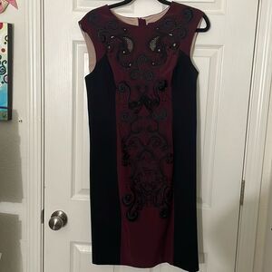 Karen Millen Signature Pencil Dress Black & Maroon Lace Size 10 EUC